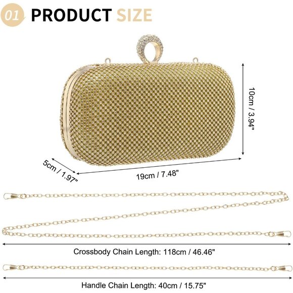 Women Gold Sparkly Rhinestone Evening Clutch Purse Crystal Ring Clasp Handbag - Picture 3 of 6